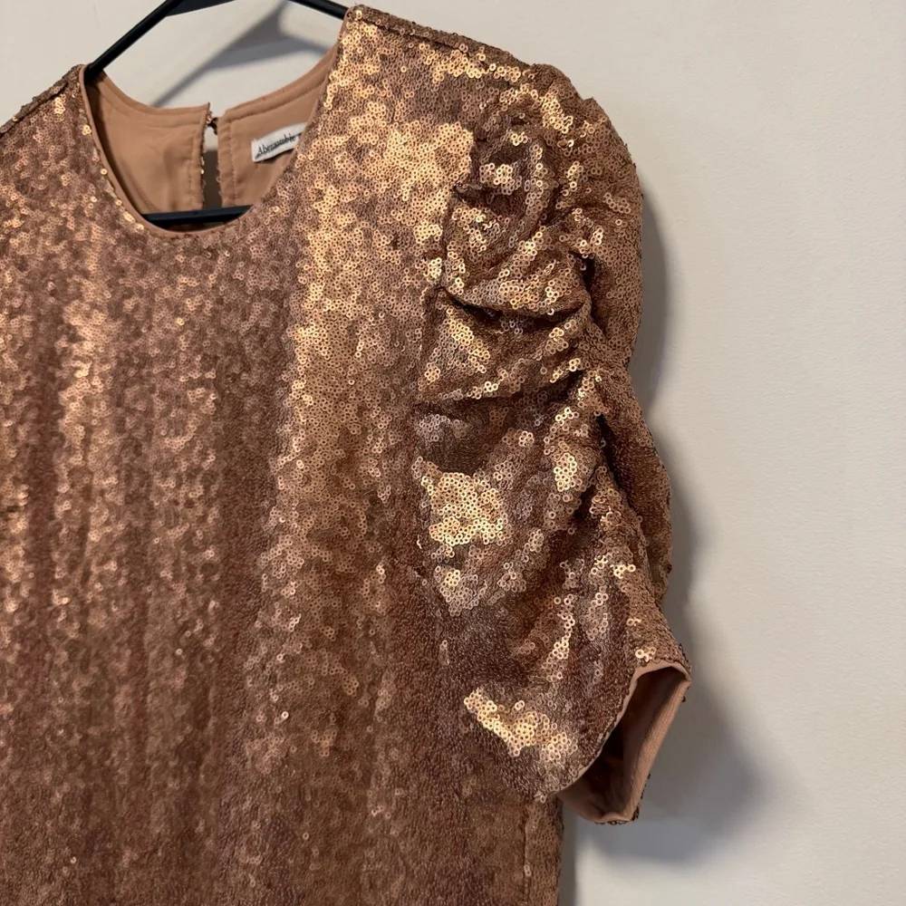Women's Abercrombie & Fitch M Gold Bronze Sequin Puff Sleeve Blouse New NWOT
